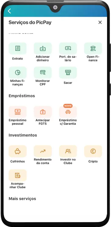 Tela serviços do PicPay